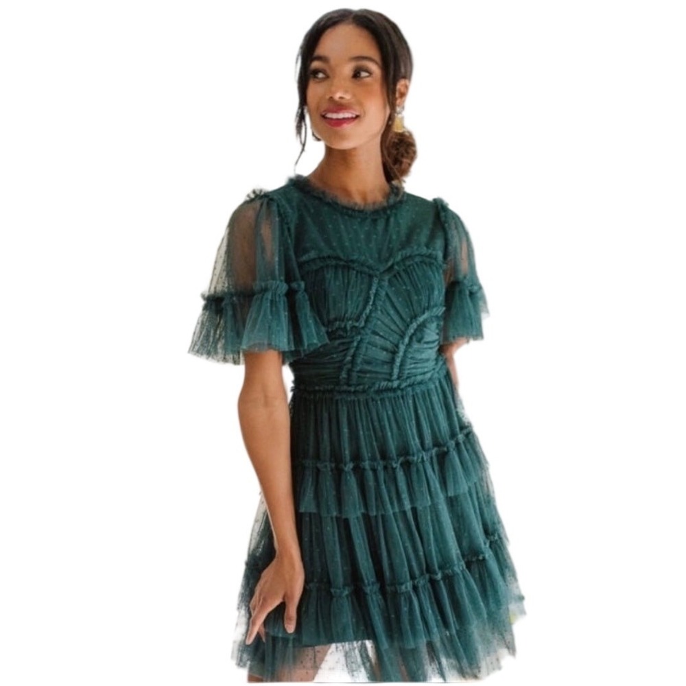 Ivy City Co Short Mini Whimsical Dress Emerald Green Tiered Lace Ruffle Small - Picture 1 of 11